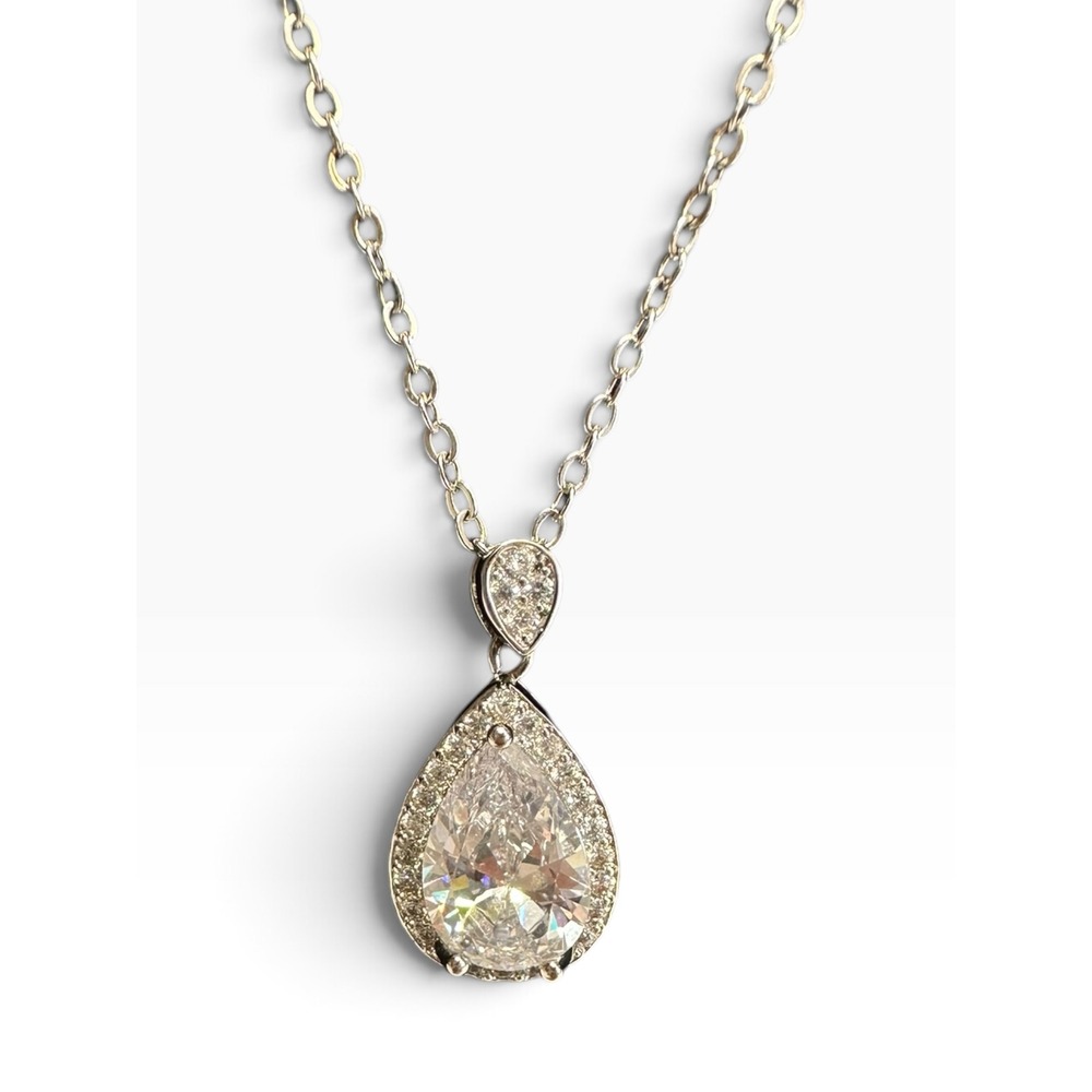 Teardrop Pendant 18" Necklace Silver Tone Pear Halo Clear CZ